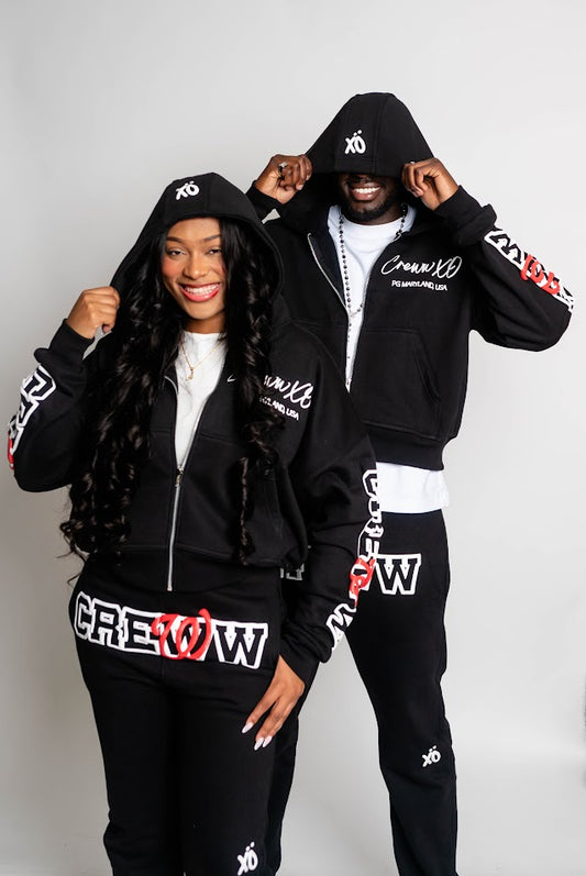 black crewwxo logo zip up hoodie