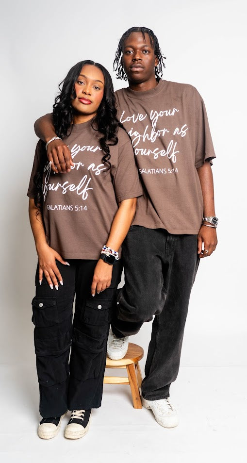 brown love your neighbor oversized ss tee