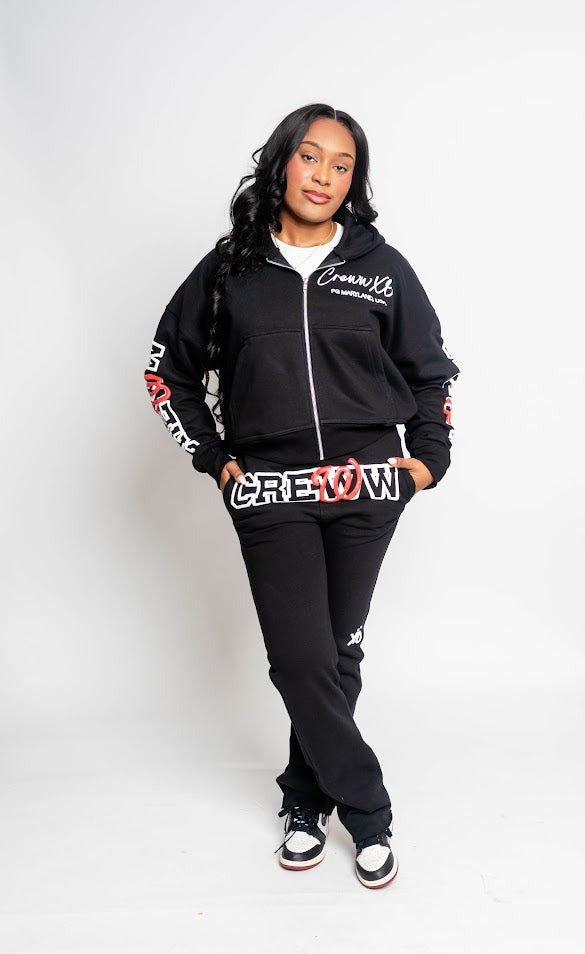 black crewwxo logo zip up hoodie