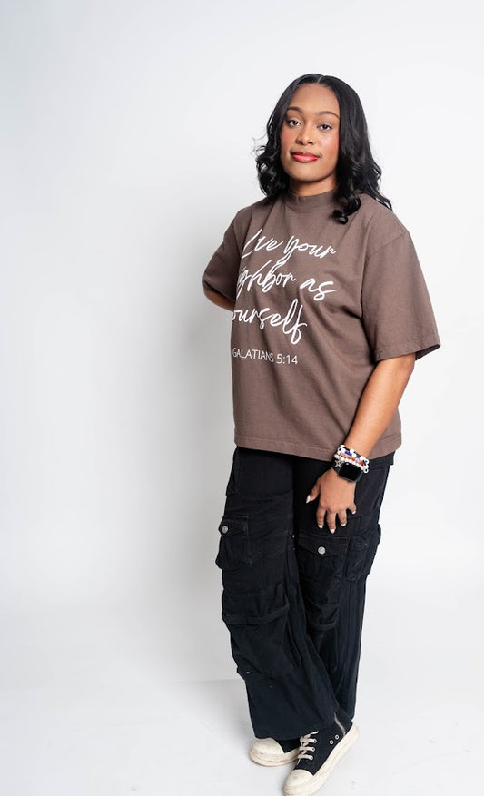 brown love your neighbor oversized ss tee