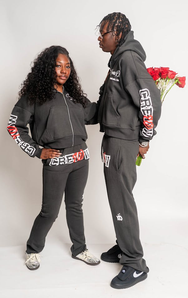 grey crewwxo logo zip up hoodie